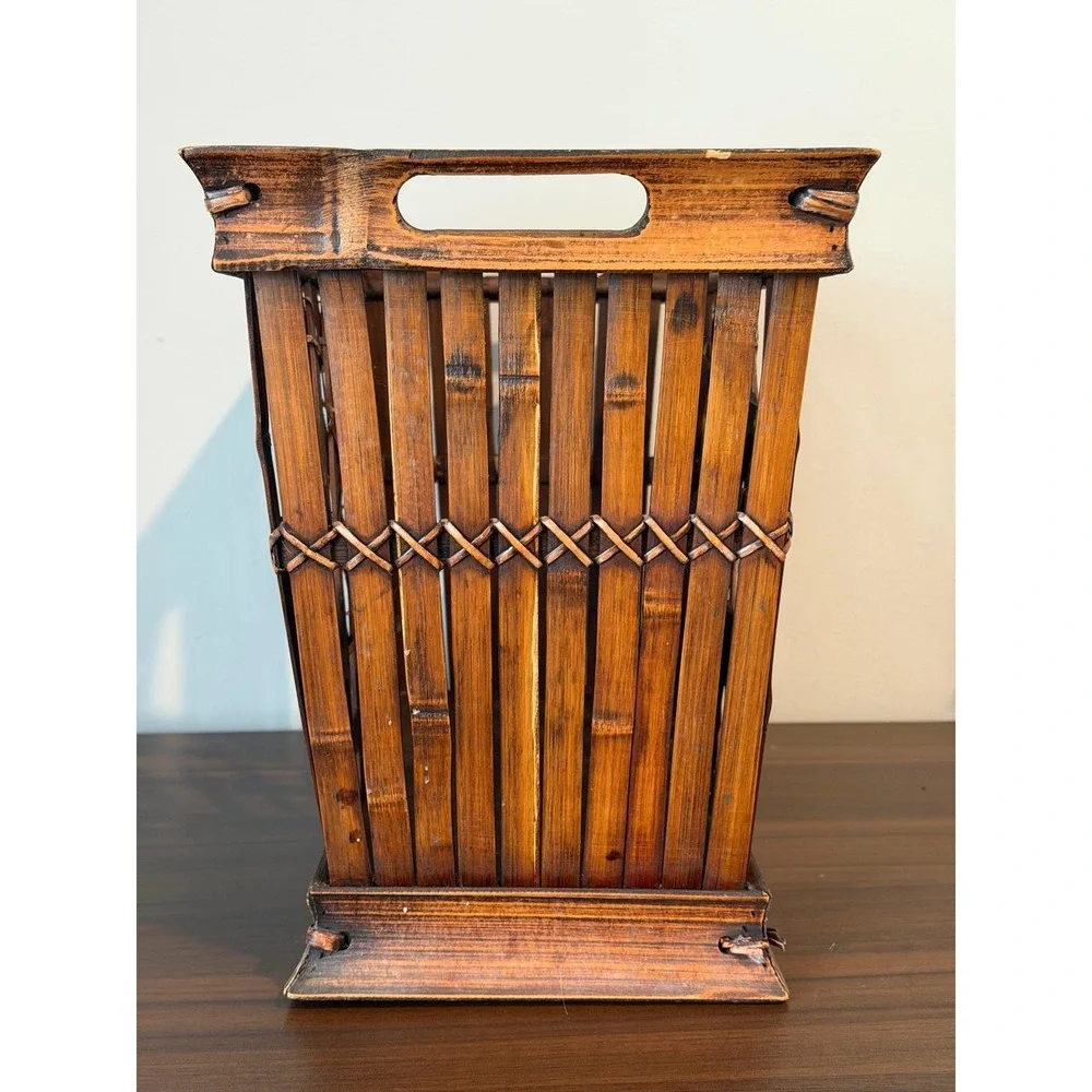 Vintage Bamboo Lattice Storage Crate Dark Brown Woven Basket Handles 15x9x12